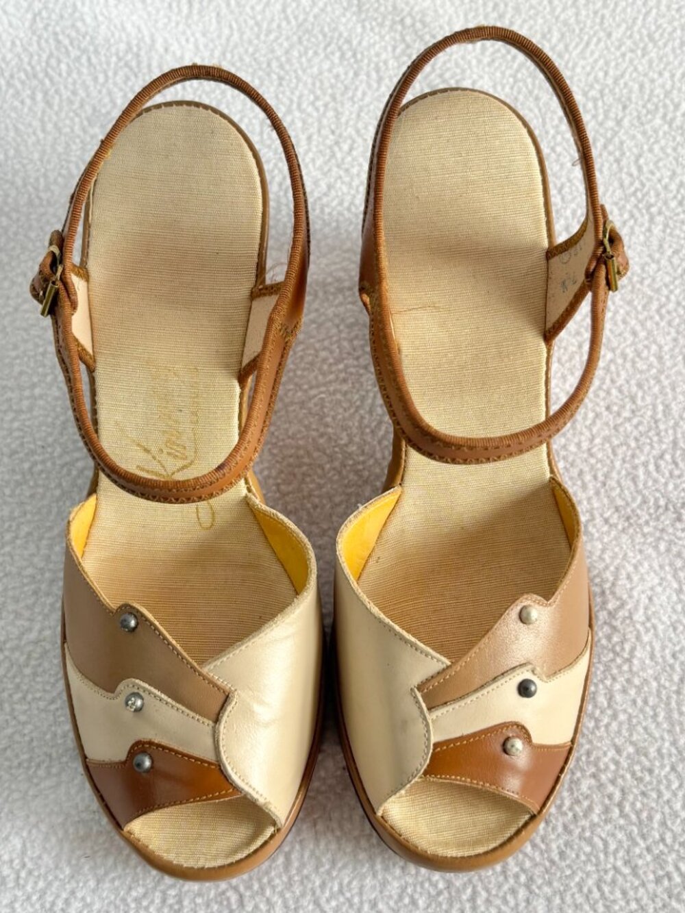 Vintage 1950s Tan Leather Studded Ankle Strap Wedge Sandals